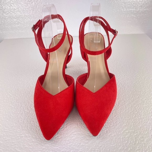 Red faux microsuede pointed toe ankle wrap heels - SZ 9 - Picture 2 of 7